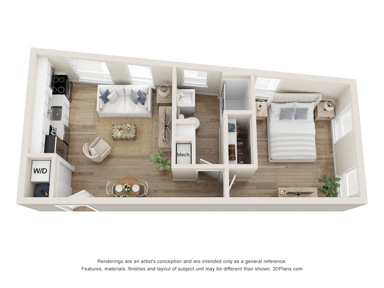 Floor plan for 1 bed, 1 bath, 480 sqft